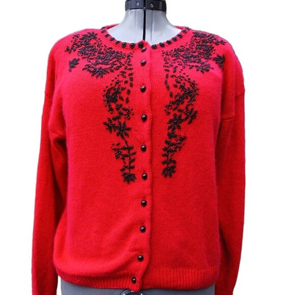 VTG Dana Scott Womens Silk Angora Lambswool Beaded Grandma Sweater Red Size L - Picture 1 of 2